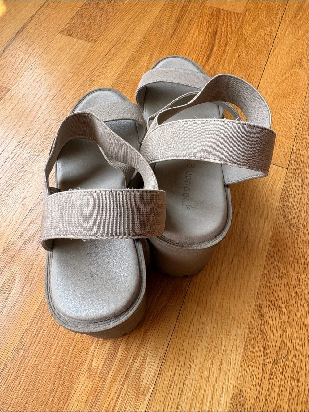 Madden Girl Templee lug Sole Sandals- Chunky Platform Sandals in Taupe
